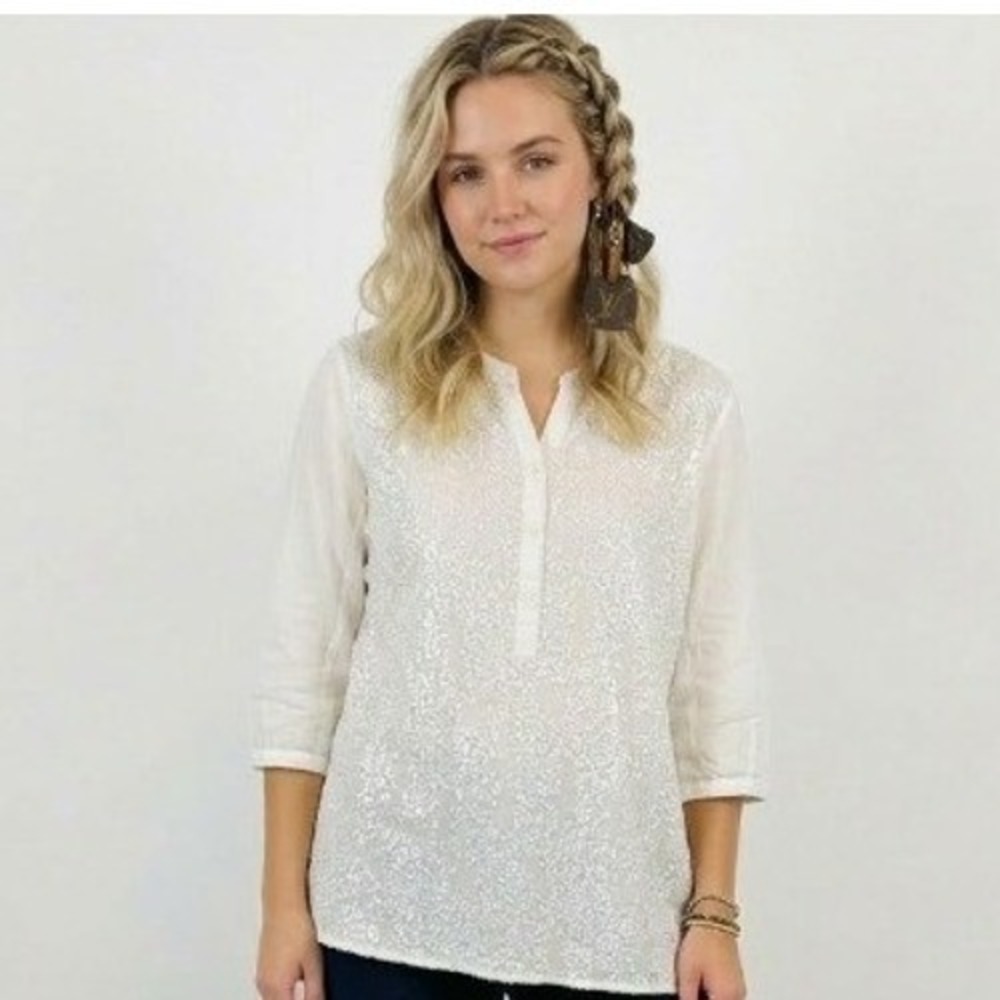 Chico's Tunic Blouse Womens 4 White Sequin Hem Cotton 3/4 Sleeve Casual